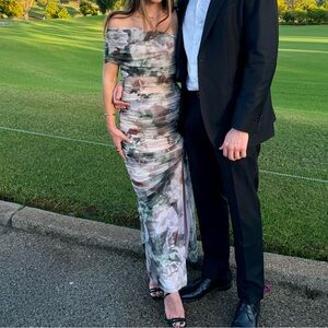 Abercrombie & Fitch Mesh Asymmetrical Off-The-Shoulder Draped Maxi Dress